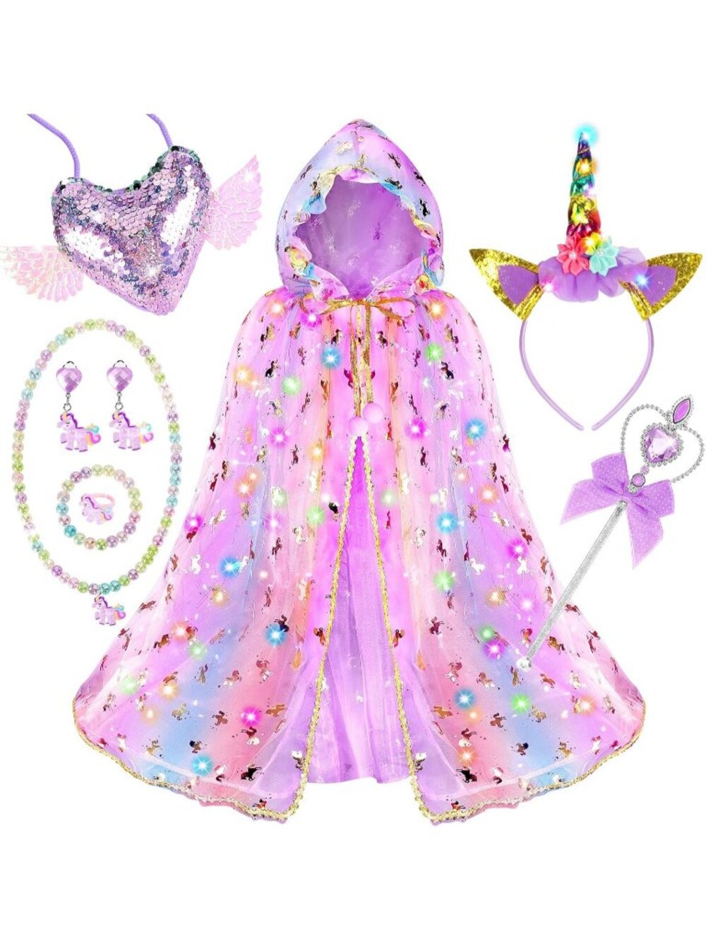 Purple Unicorn Princess Dress Up Set Light Up Cape Costume Girls Ages 3-8